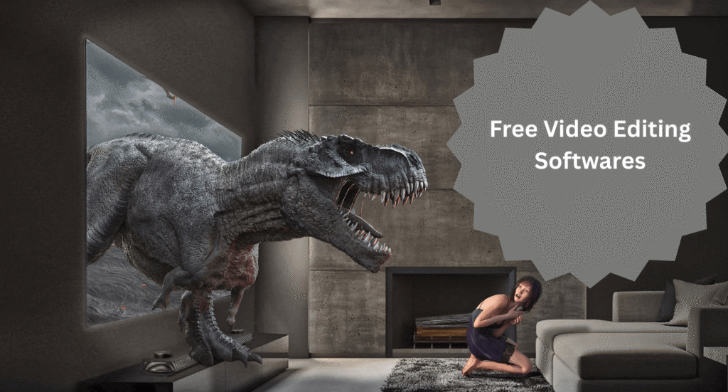 dinosaur catching girl and free video editing software tool written on the grey circled label