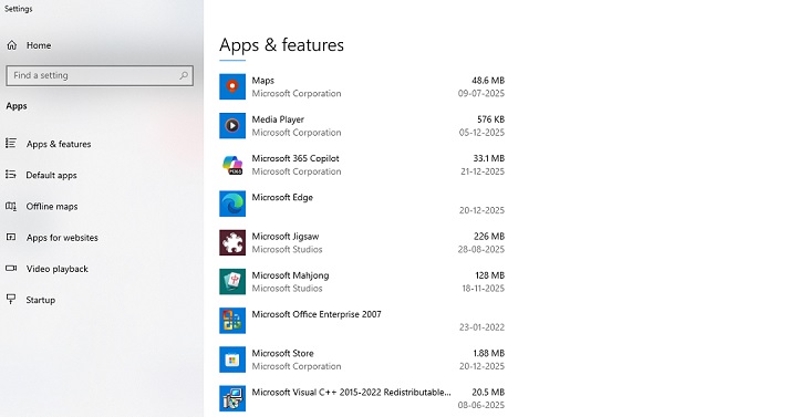 apps and features screen shot from computer