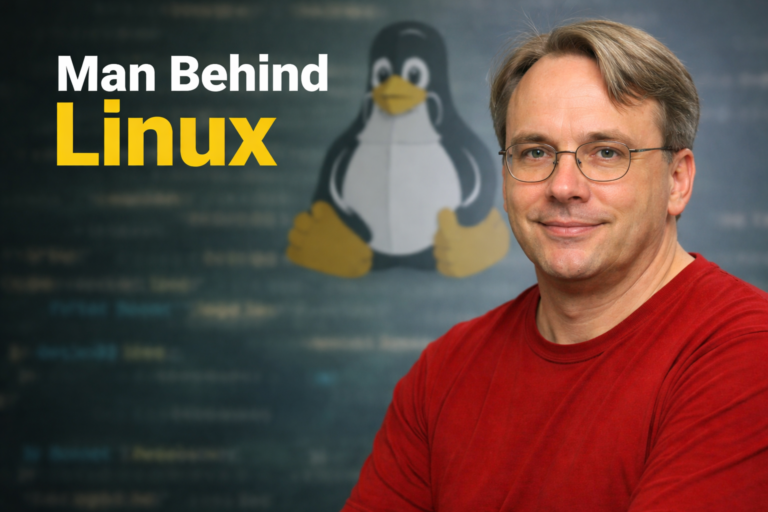 Linus Torvalds man behind Linux operating system with Tux penguin background