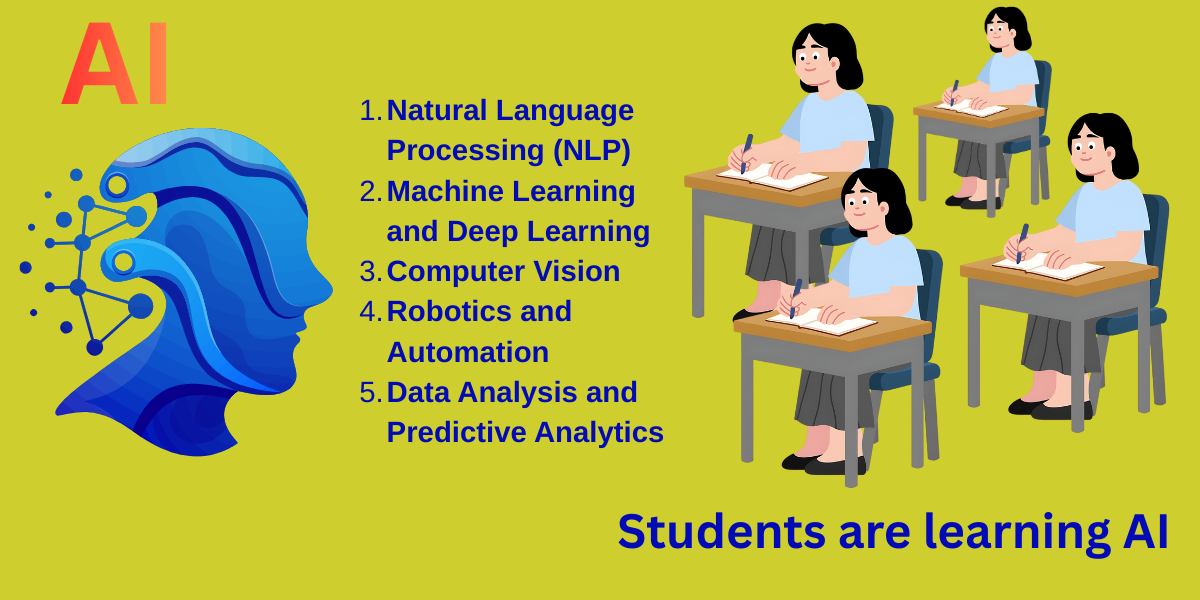 Illustration showing students learning artificial intelligence in a classroom
