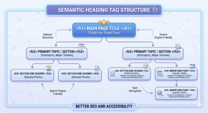 A clear flow chart illustrating correct semantic heading tag structure from H1 to H4 for SEO and web accessibility.