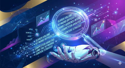 A futuristic 3D conceptual image showing a robotic hand holding a magnifying glass over digital data points like search volume, keyword difficulty, and content strategy for SEO keyword research.