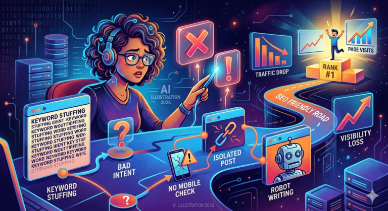 An interactive digital illustration showing a developer actively identifying and fixing common SEO mistakes like Keyword Stuffing, Bad Intent, No Mobile Check, Isolated Post, and Robot Writing, which are causing traffic and visibility loss.