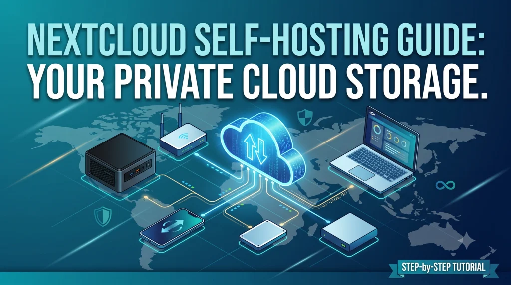 Step-by-step tutorial banner showing how to host a personal cloud with Nextcloud and Docker